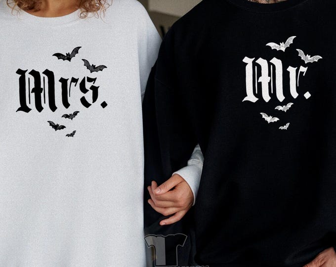 Custom Wedding Unisex Crewneck Sweater XS-5XL Mr and Mrs Til Death Do Us Part Spooky Couple Anniversary Gift Matching His and Hers Halloween