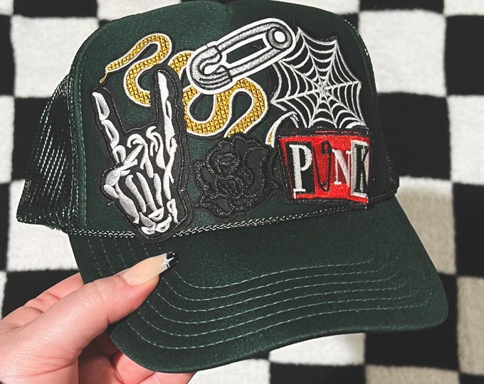 Punk Alt Patches Trucker Hat / Trucker Patch Trendy Hat Alternative Fashion Iron On Patch Hat Spooky Skeleton Hat Emo Concert Festival Cap
