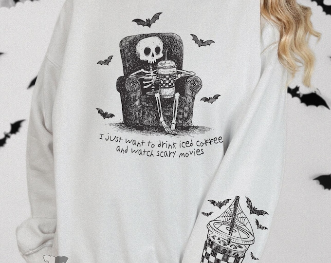 Iced Coffee + Scary Movies Unisex Sweatshirt S-5XL/ Horror Movie Sweatshirt Iced Coffee Lover Halloween Trendy Skeleton Sweater Sleeve Print
