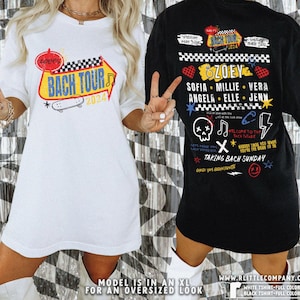 May include: White and black t-shirt with a graphic design of a race car sign that says "Zoey's Bach Tour 2024". The back of the shirt has a black and white checkered pattern with the text "Taking Bach Sunday" and a list of names.