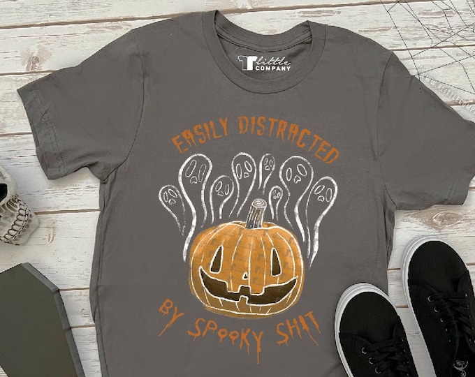 Vintage Halloween Ghosts and Pumpkin Easily Distracted by Spooky Shit Soft Unisex Tee XS-5XL