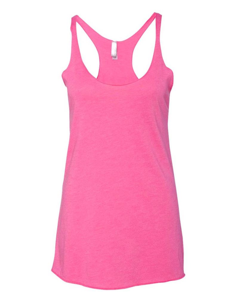 May include: A pink racerback tank top with a scoop neck. The tank top is made of a soft, comfortable fabric and has a relaxed fit.