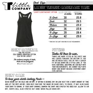 May include: A black racerback tank top with the text "Little Company" in white. The tank top is made of a triblend fabric and is available in sizes X-Small to 2x-Large. The size chart shows the body width and length in inches. The tank top is described as "light/lightweight option".