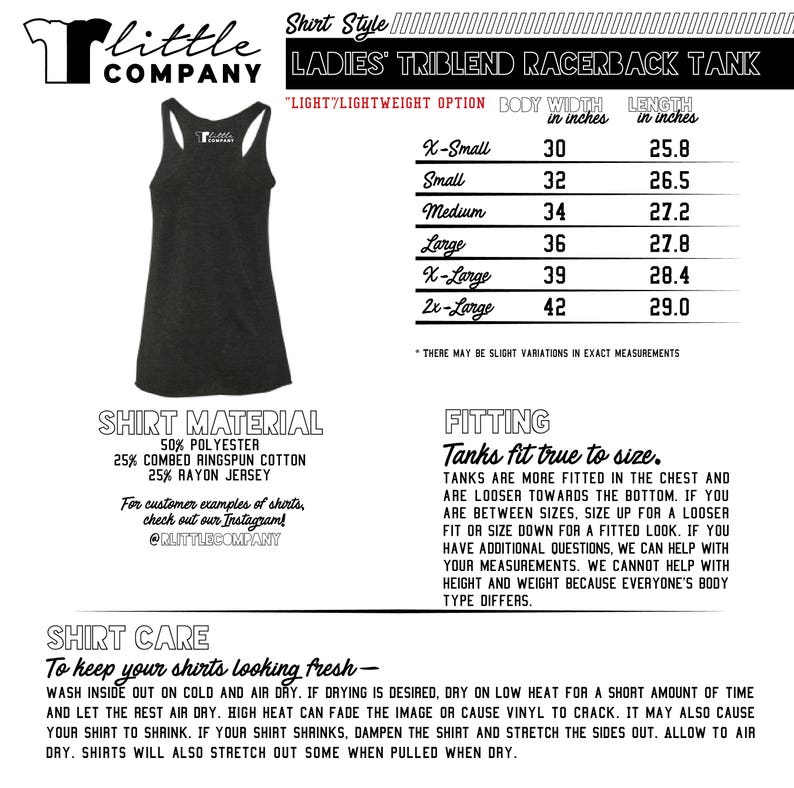 May include: A black racerback tank top with the text "Little Company" in white. The tank top is made of a triblend fabric and is available in sizes X-Small to 2x-Large. The size chart shows the body width and length in inches. The tank top is described as "light/lightweight option".