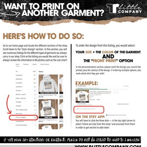 May include: Informational graphic with text explaining how to order a design on a different garment. Includes instructions on selecting size, color, and front print options. Features a shop menu and an example of the ordering process.