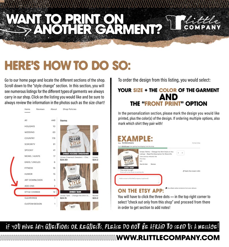 May include: Informational graphic with text explaining how to order a design on a different garment. Includes instructions on selecting size, color, and front print options. Features a shop menu and an example of the ordering process.
