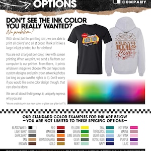 May include: Image showcasing printing color options for apparel. Includes a black t-shirt with a "Bach Tour 2021" design and a gray hoodie with a "Tattooed Moms Club" graphic. Color examples are listed, and the website is www.rlittlecompany.com.