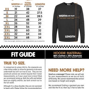 May include: Black unisex crewneck sweatshirt with size chart. Measurements in inches are provided for XS to 5XL. The fit guide suggests sizing up for a baggier fit. The material is 80% cotton and 20% polyester.