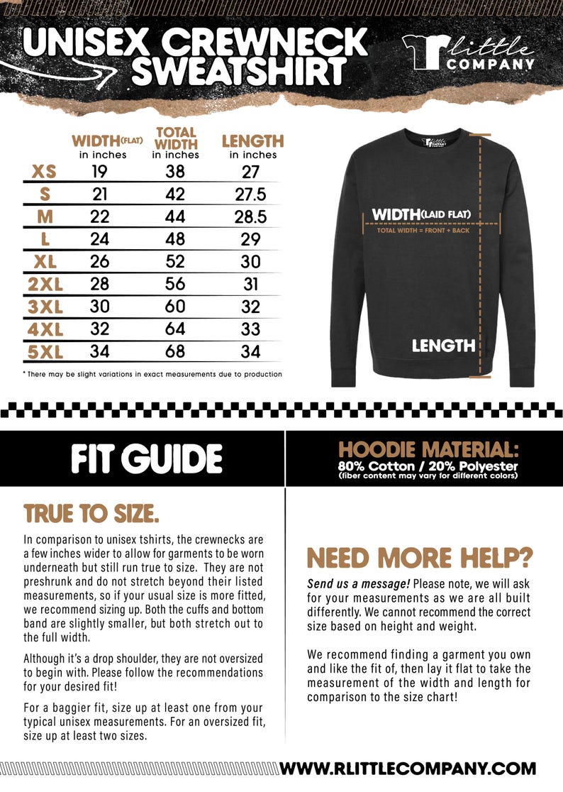 May include: Black unisex crewneck sweatshirt with size chart. Measurements in inches are provided for XS to 5XL. The fit guide suggests sizing up for a baggier fit. The material is 80% cotton and 20% polyester.