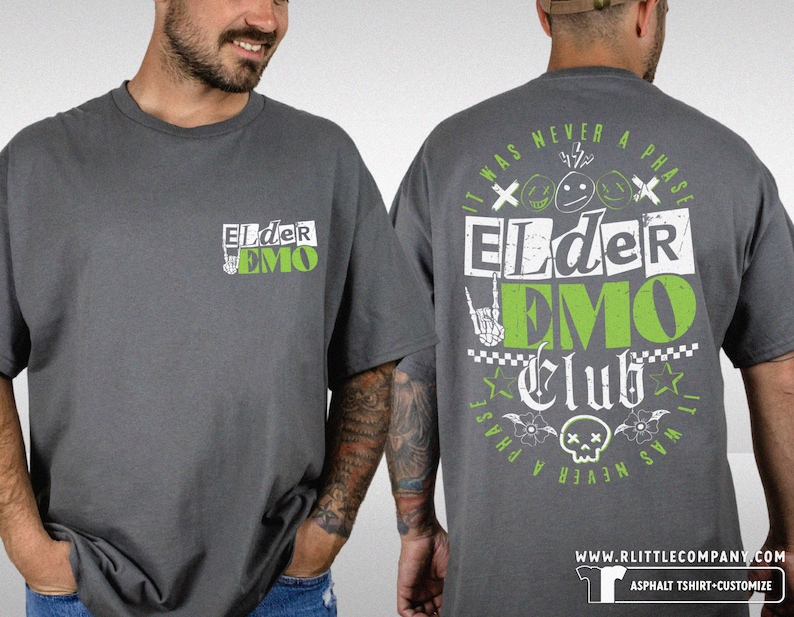 May include: A dark gray t-shirt with a green and white graphic print that says "Elder Emo Club" and "It was never a phase".