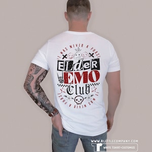 May include: White t-shirt with a red and black graphic print that says "It was never a phase Elder Emo Club It was never a phase".