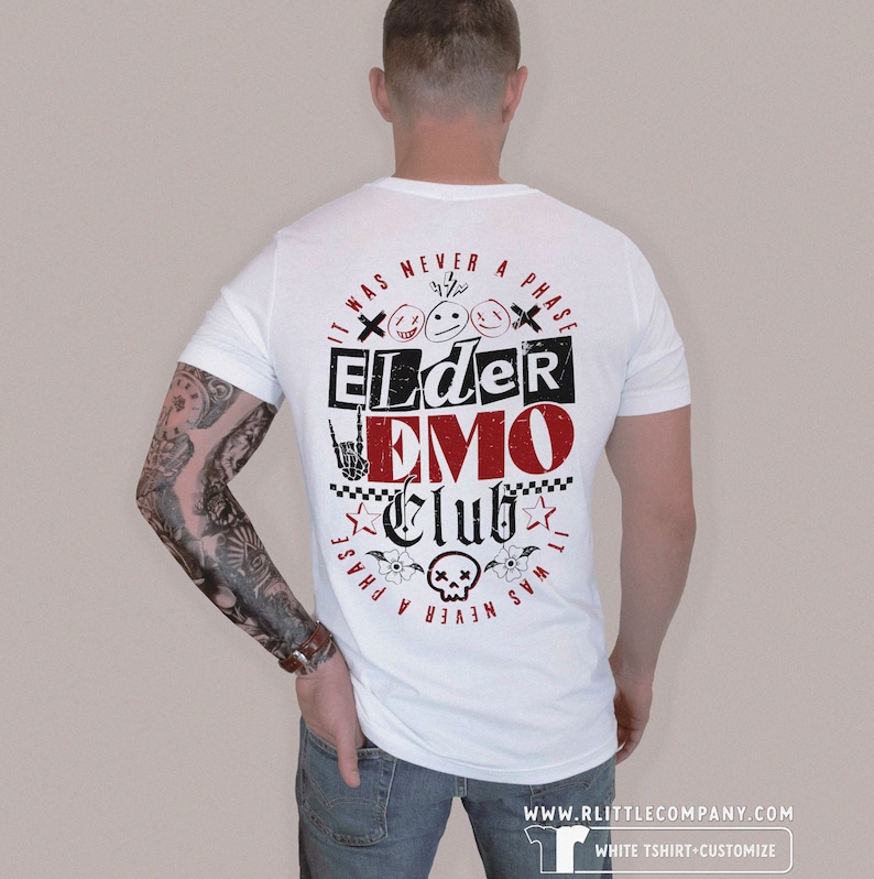 May include: White t-shirt with a red and black graphic print that says "It was never a phase Elder Emo Club It was never a phase".