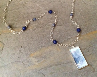 Wearable Art, Watercolor Necklace w/ Blue Agate Beads, Indigo Collection