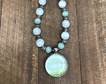 Wearable Art, Watercolor Necklace, Seaside Collection,with Sea Glass Style Beads, 18-inch Necklace