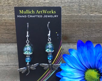 Dragonfly and Glass Bead Dangling Earrings