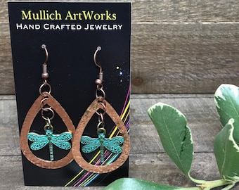 Dragonfly Charm Hammered Copper Dangling Earrings Boho Style Nature Inspired
