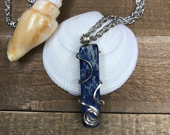 Wire Wrapped Jasper Pendant, Blue, 24-inch Rope Chain, One of a Kind