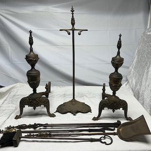 Antique Andirons and Fireplace Set Brass Circa 1900-1920’s