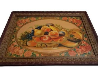 Antique Lithograph Circa 1910 Southern Fruits Roses Still Life