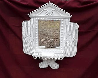 Rare Antique Wicker Hanging Shelf with Beveled Mirror Circa 1900
