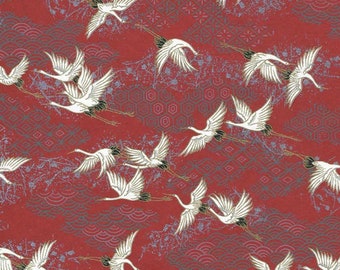 Japanese Chiyogami / Yuzen 1004 Deep Red with White Cranes Hand Screened Washi Paper