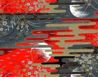 Japanisches Chiyogami / Yuzen 715 Rot, Grau und Gold Handgesiebtes Washi Papier