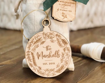 Personalized First Married Christmas Ornament | Wood Ornament Personalized with Name and Year | Just Married | Garland Wreath Ornament