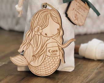 Personalized Baby or Child Mermaid Girl Christmas Ornament | Mermaid Wood Ornament | Custom Ornament Personalized with Name and Year