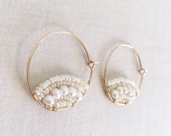 Fresh Water Pearl Hoop Earrings Gold Filled, Unique Pearl Earrings, Bridal Pearl Earrings, Pearl Earrings for Women, White Pearl Hoops HE6S