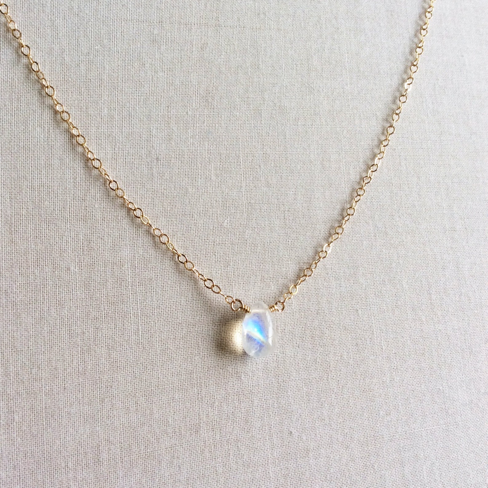 Tiny Moonstone Necklace Gold Moonstone Necklace Rainbow Etsy