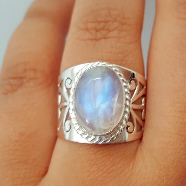 Genuine Moonstone Ring - Boho Ring - Gypsy Ring - Tribal Ring - Sterling Silver Moonstone Jewelry - Tibetan Nepal Jewelry