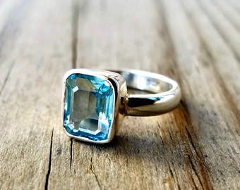 Blue Topaz Ring - December Birthstone Ring - Gemstone Engagement Ring - Sterling Silver Stacking Ring - Emerald Cut Ring
