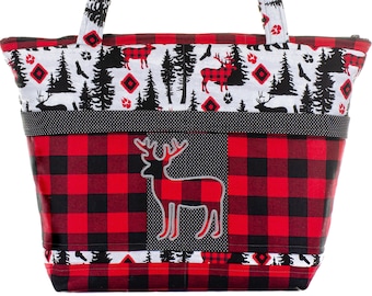 Deer Diaper Bag, Lumberjack Baby, Red Buffalo Plaid, Stag Purse, Hunting Gift, Overnight Bag, Small Travel Tote, Woodland Animals, Baby Bag