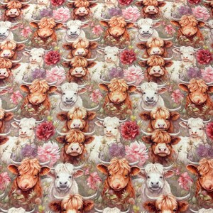 May include: A repeating pattern of Highland cows with long, shaggy fur in shades of brown and white, interspersed with pink and red flowers. The cows have large horns and are set against a muted green background.