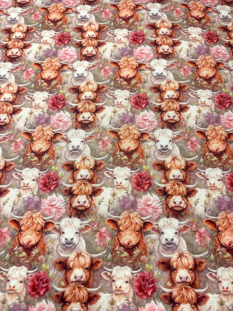 May include: A repeating pattern of Highland cows with long, shaggy fur in shades of brown and white, interspersed with pink and red flowers. The cows have large horns and are set against a muted green background.