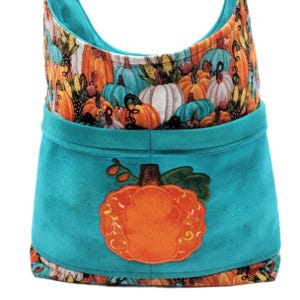 Pumpkin Tote, Fall Purse, Pumpkin, Fall, Shoulder Bag, Gift Under 50, Autumn Bag, Teal & Orange, Reusable Tote image 1