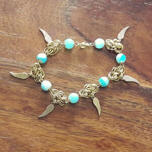 Angel Wing Charm Bracelet with Blue Agate (Gold-plated)
