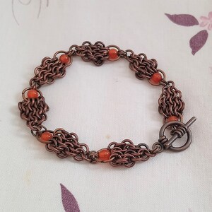 Carnelian Beaded Copper Chainmaille Leaf Bracelet