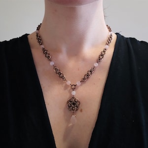 Copper and Rose Gold Flower Necklace with Rose Quartz