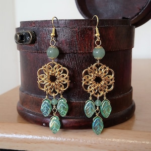 Aventurine and Czech Glass Leaf Celtic Flower Earrings