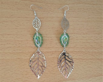 Beaded Herringbone Leaf Earrings