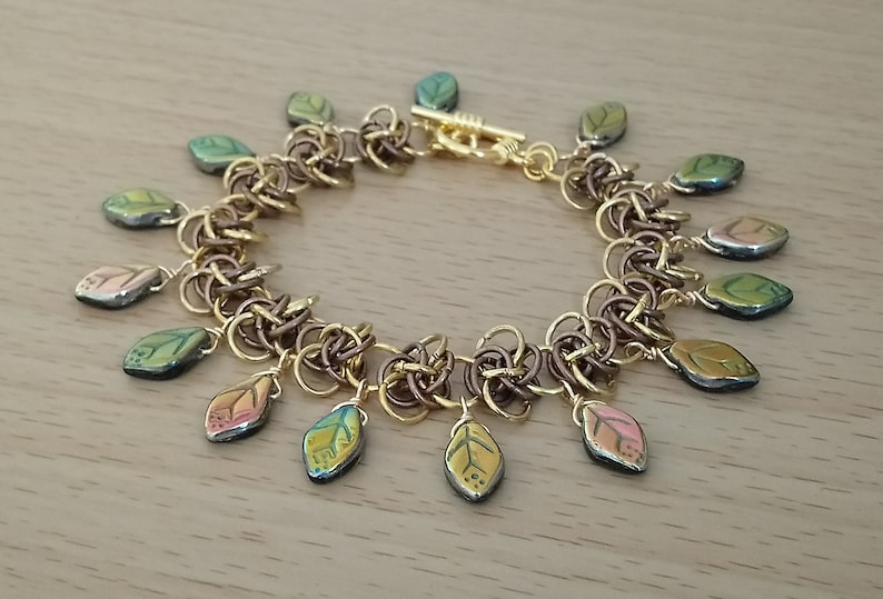Gold and Copper Plated Persephone Weave Glass Leaf Bracelet