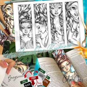 Mermaids Premium Grayscale Coloring Bookmarks ,Coloring Page (Set of 4)  for Adults Printable Instant PDF Download Dark,Light,Sepia