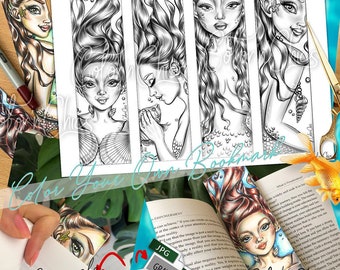 Mermaids Premium Grayscale Coloring Bookmarks ,Coloring Page (Set of 4)  for Adults Printable Instant PDF Download Dark,Light,Sepia