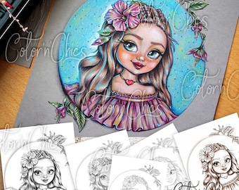 Pretty Girl Premium Coloring Page for Adults ,Printable Original Artwork  Grayscale and LineArt  Instant Download