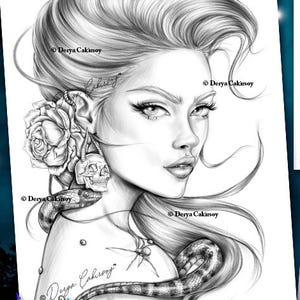 Dark Bloom Grayscale Coloring Page illustration ORIGINAL HAND DRAWN Beautiful Halloween Portrait Vampire Printable Pdf Derya Cakirsoy