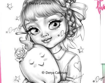 Página para colorir da Lulu e do Puffy: Ilustração de Halloween desenhada à mão por Derya Cakirsoy (PDF para imprimir)