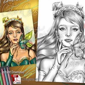 Female Power Fantasy 3 Grayscale  Illustration Premium Coloring Page for Adults,  Dark,Light,Sepia Versions Printable and Instant Download !