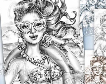 Beach Life Premium Coloring Page for Adults, Coloring Page for Grown Ups, Grayscale, Dark,Light,Blue,Sepia , Printable Instant Download