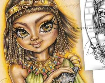 Nefertiti Egyptian Girl Premium Coloring Page. Grayscale Super Cute Big Eyed illustration Printable & Instant Download